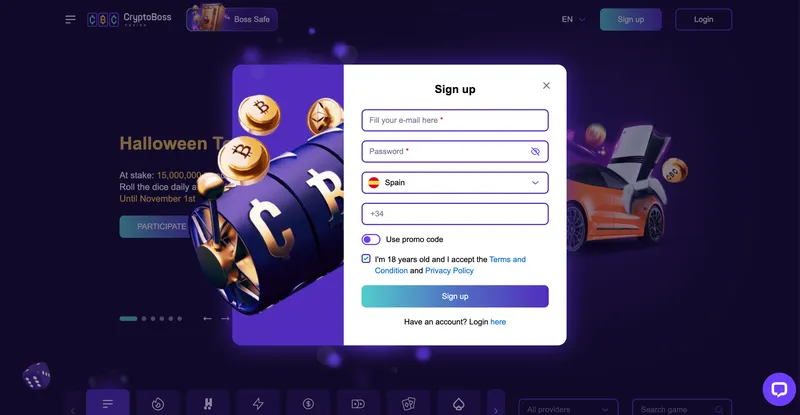 Регистрация казино Криптобосс